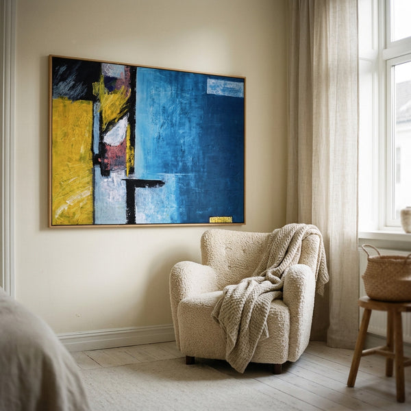 Abstract Wall Art — Large Blue Modern Original Oil Painting, Textured Canvas — "Construction (Horizontal Ver.)"