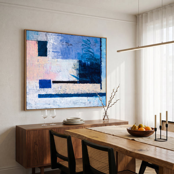 Cool Blue Bold Abstract Wall Art — Modern Original Oil Painting, Textured Canvas — "Window (Horizontal Ver.)"