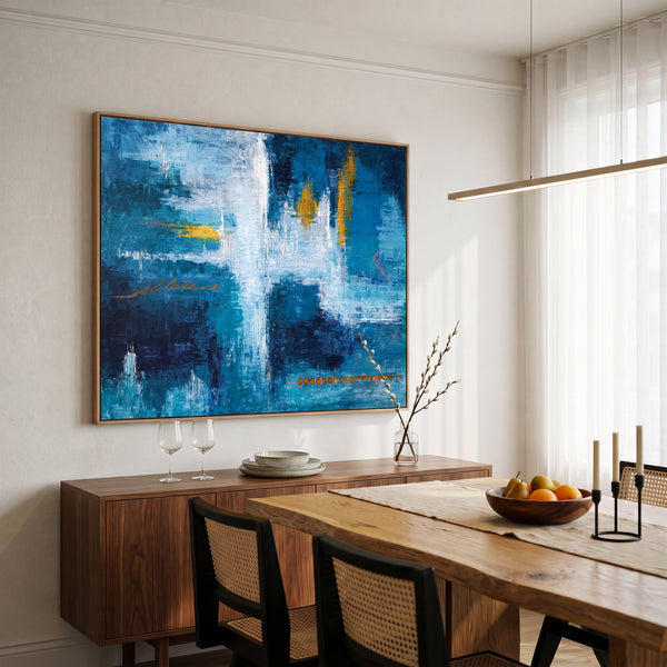 Moody Blue Abstract Wall Art — Original Oil Painting, Bold Textured Canvas — "Measurement (Horizontal Ver.)"
