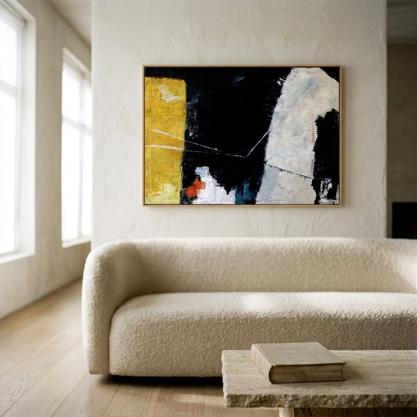Moody Black Yellow Abstract Wall Art — Large Original Oil Painting, Textured Canvas — "Connection (Horizontal Ver.)"