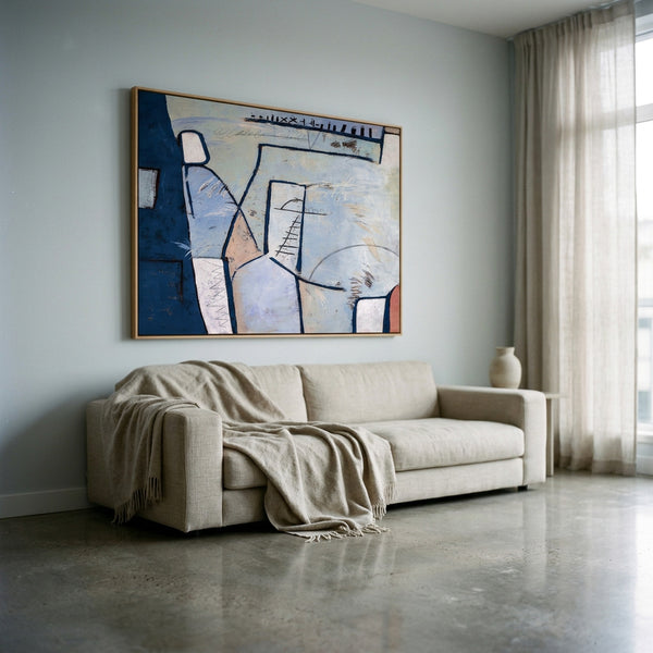 Cool Blue Modern Abstract Wall Art — Large Original Oil Painting, Textured Canvas — "Guess (Horizontal Ver.)"