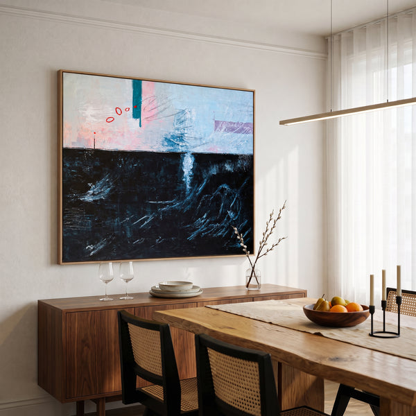 Moody Black Blue Abstract Wall Art — Large Original Oil Painting, Textured Canvas — "The South (Horizontal Ver.)"