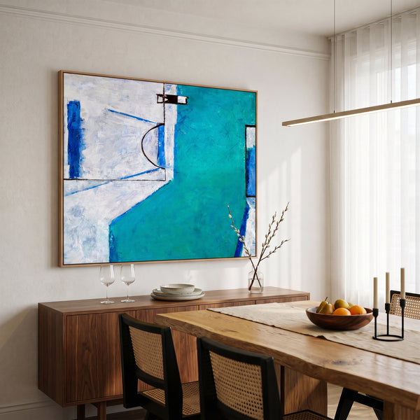 Teal Blue Bold Abstract Wall Art — Large Modern Original Oil Painting, Textured Canvas — "Out there (Horizontal Ver.)"
