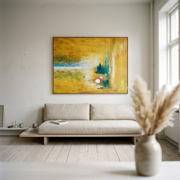 Vibrant Yellow Modern Abstract Wall Art — Original Textured Canvas Painting, Statement Large — "Ideation (Horizontal Ver.)"