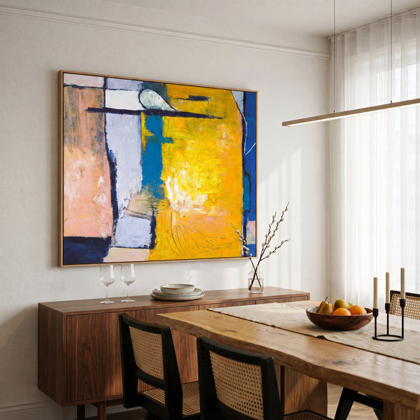 Vibrant Yellow Bold Abstract Wall Art — Modern Original Oil Painting, Textured Canvas — "Suburban (Horizontal Ver.)"