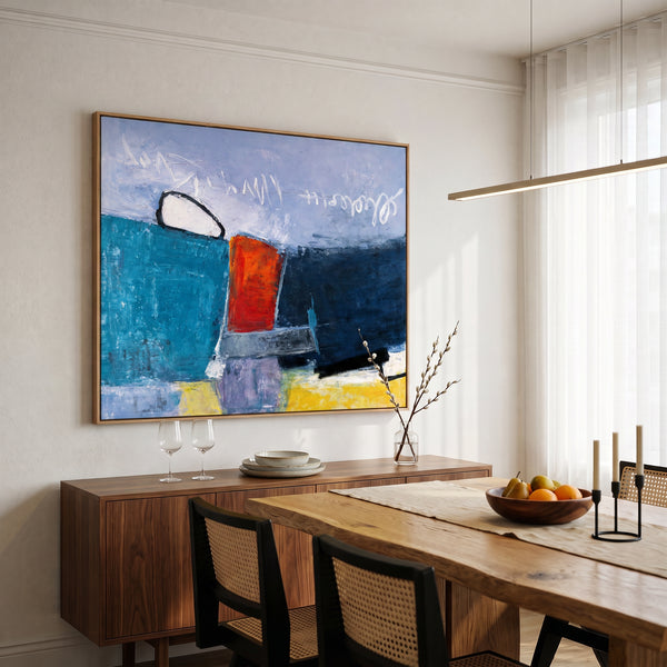 Abstract Wall Art, Bold Teal Modern Original Oil Painting — Textured Canvas Statement — "Mediate (Horizontal Ver.)"