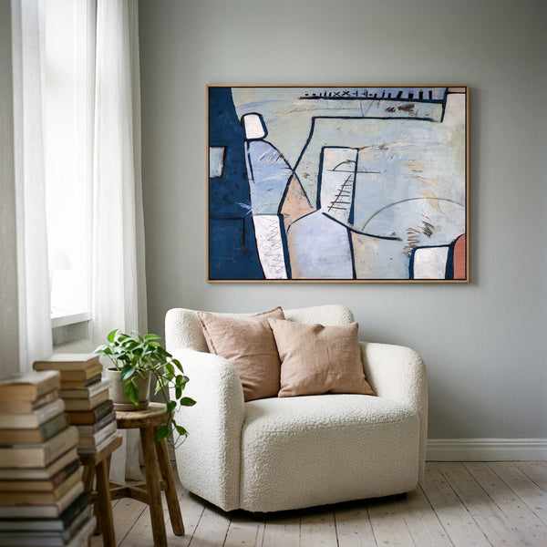 Cool Blue Modern Abstract Wall Art — Large Original Oil Painting, Textured Canvas — "Guess (Horizontal Ver.)"