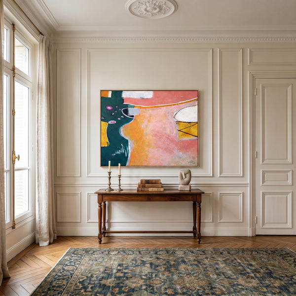 Vibrant Pink Modern Abstract Wall Art — Original Oil Painting, Textured Canvas — "Magician's table (Horizontal Ver.)"