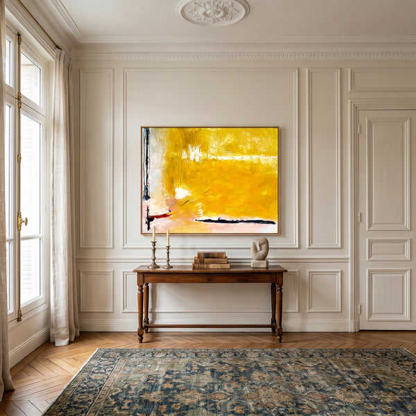 Large Yellow Modern Abstract Wall Art — Original Oil Painting, Textured Canvas — "Reminiscent (Horizontal Ver.)"