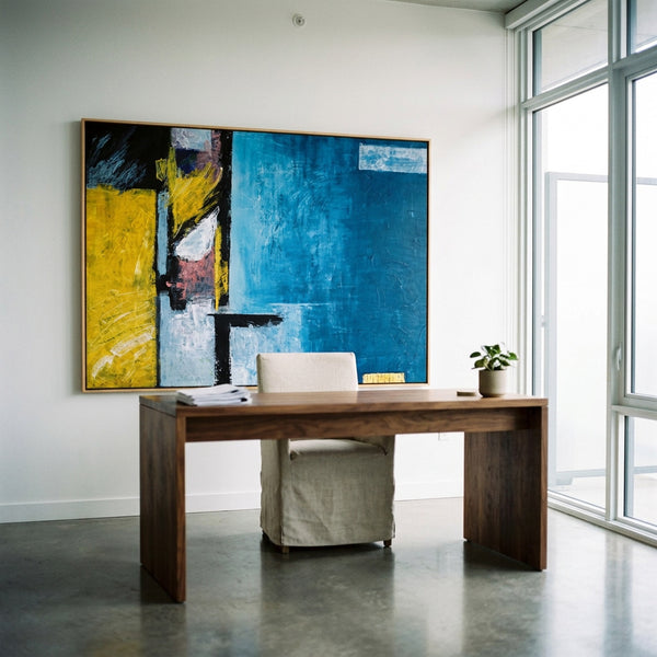 Abstract Wall Art — Large Blue Modern Original Oil Painting, Textured Canvas — "Construction (Horizontal Ver.)"