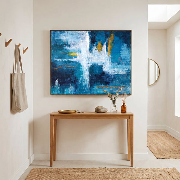 Moody Blue Abstract Wall Art — Original Oil Painting, Bold Textured Canvas — "Measurement (Horizontal Ver.)"