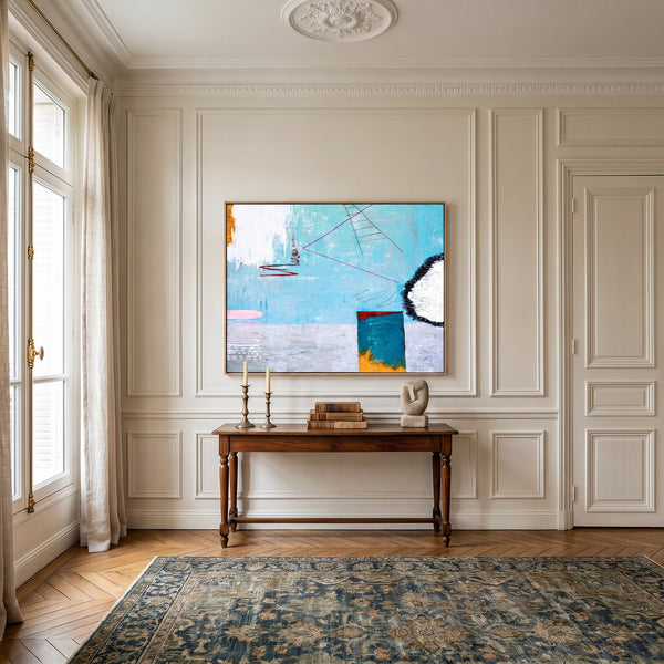Large Moody Blue Abstract Wall Art — Original Oil Painting, Textured Canvas — "Tale III (Horizontal Ver.)"