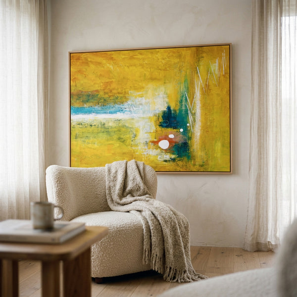 Vibrant Yellow Modern Abstract Wall Art — Original Textured Canvas Painting, Statement Large — "Ideation (Horizontal Ver.)"