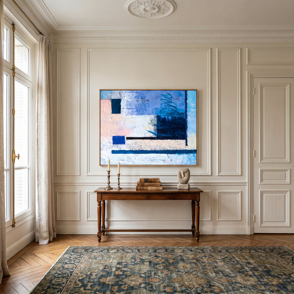 Cool Blue Bold Abstract Wall Art — Modern Original Oil Painting, Textured Canvas — "Window (Horizontal Ver.)"