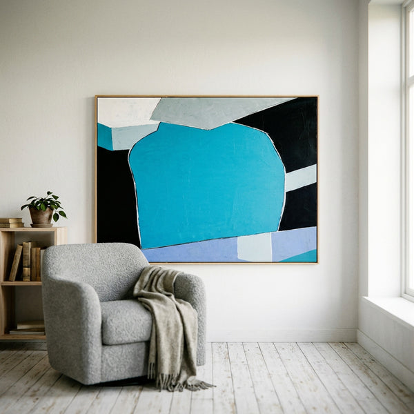Bold Teal Geometric Abstract Wall Art — Original Oil Painting, Textured Canvas — "Geometry I (Horizontal Ver.)"