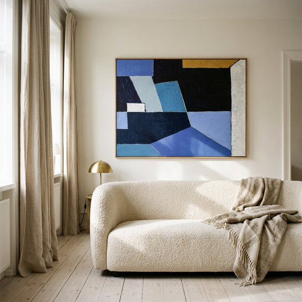 Bold Blue Geometric Abstract Wall Art — Modern Original Oil Painting, Textured Canvas — "Geometry II (Horizontal Ver.)"