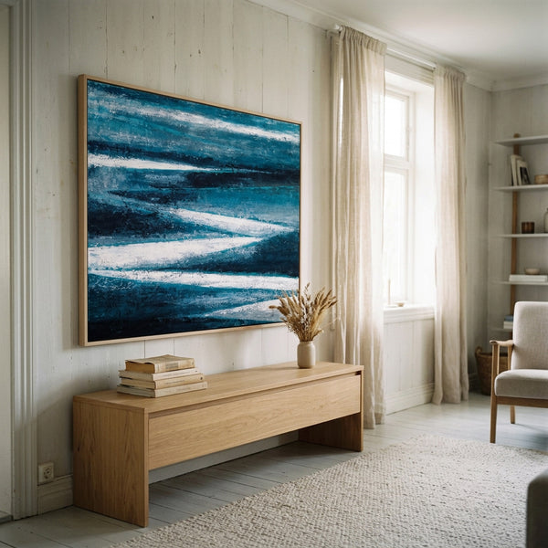 Moody Teal Abstract Wall Art — Large Original Oil Painting, Textured Canvas — "Channel (Horizontal Ver.)"
