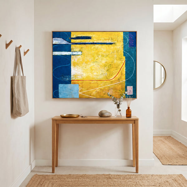 Large Yellow Teal Abstract Wall Art — Modern Original Oil Painting, Textured Canvas — "Summer time (Horizontal Ver.)"