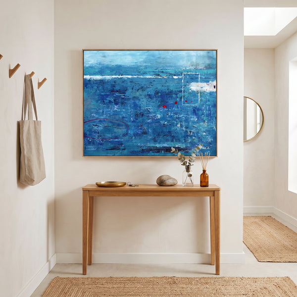 Moody Blue Abstract Wall Art — Large Original Oil Painting, Textured Canvas — "Red dot transported (Horizontal Ver.)"