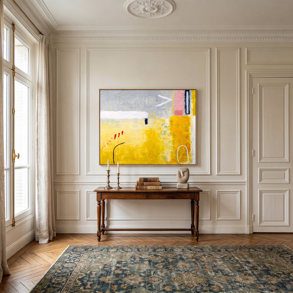 Yellow Modern Abstract Wall Art — Large Original Oil Painting, Textured Canvas — "Tuesday dream (Horizontal Ver.)"