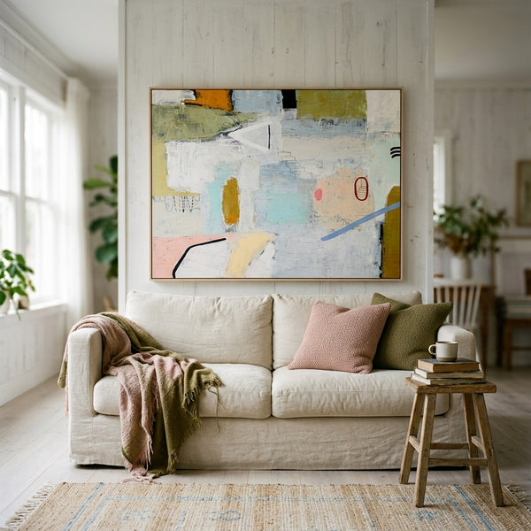 Serene Neutral Modern Abstract Wall Art — Large Original Oil Painting, Textured Canvas — "Daydream of Wednesday (Horizontal Ver.)"