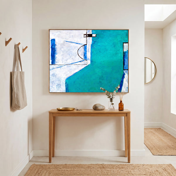 Teal Blue Bold Abstract Wall Art — Large Modern Original Oil Painting, Textured Canvas — "Out there (Horizontal Ver.)"