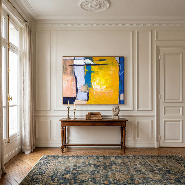 Vibrant Yellow Bold Abstract Wall Art — Modern Original Oil Painting, Textured Canvas — "Suburban (Horizontal Ver.)"