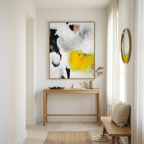 Oversized Black Yellow Abstract Wall Art — Original Oil Painting, Textured Canvas — "Sign (Vertical Ver.)"