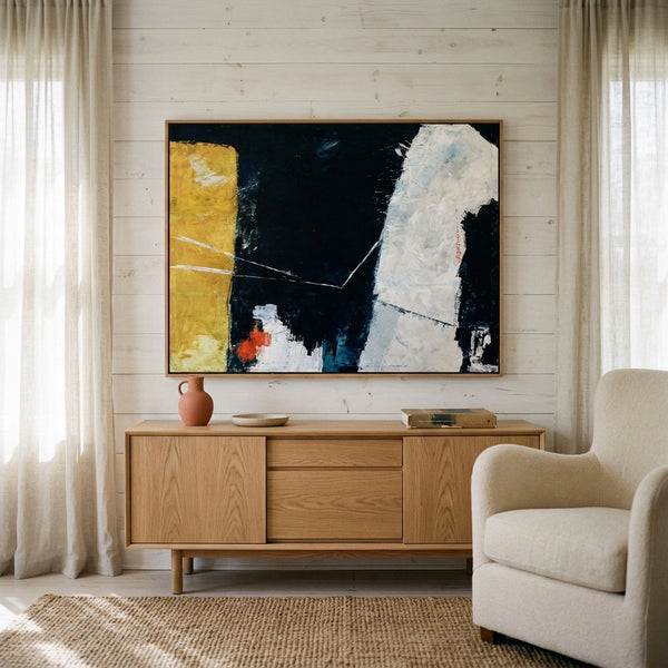 Moody Black Yellow Abstract Wall Art — Large Original Oil Painting, Textured Canvas — "Connection (Horizontal Ver.)"