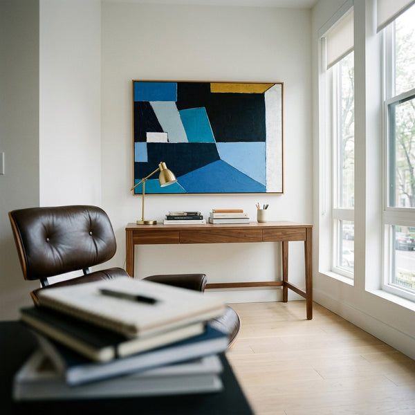 Bold Blue Geometric Abstract Wall Art — Modern Original Oil Painting, Textured Canvas — "Geometry II (Horizontal Ver.)"