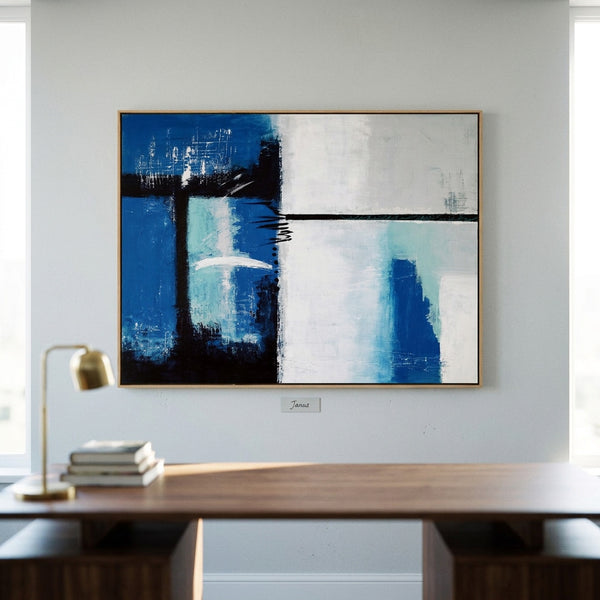 Bold Blue Modern Abstract Wall Art — Original Oil Painting, Textured Canvas — "Janus (Horizontal Ver.)"