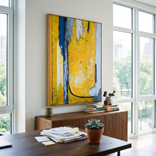 Vibrant Yellow Modern Abstract Wall Art — Original Oil Painting, Textured Canvas — "Clearpool (Vertical Ver.)"