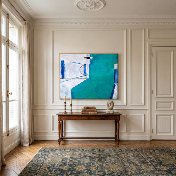 Teal Blue Bold Abstract Wall Art — Large Modern Original Oil Painting, Textured Canvas — "Out there (Horizontal Ver.)"