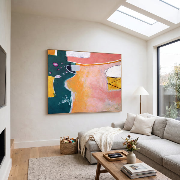 Vibrant Pink Modern Abstract Wall Art — Original Oil Painting, Textured Canvas — "Magician's table (Horizontal Ver.)"