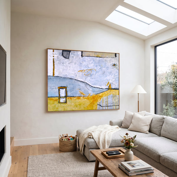 Abstract Wall Art, Yellow Modern Original Oil Painting — Large Textured Statement Canvas — "Yellow telephone booth (Horizontal Ver.)"