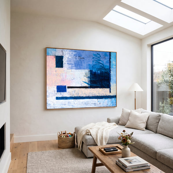 Cool Blue Bold Abstract Wall Art — Modern Original Oil Painting, Textured Canvas — "Window (Horizontal Ver.)"