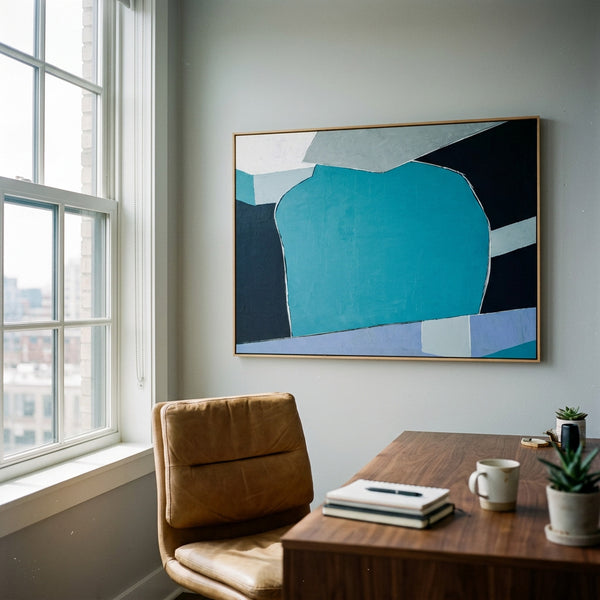 Bold Teal Geometric Abstract Wall Art — Original Oil Painting, Textured Canvas — "Geometry I (Horizontal Ver.)"