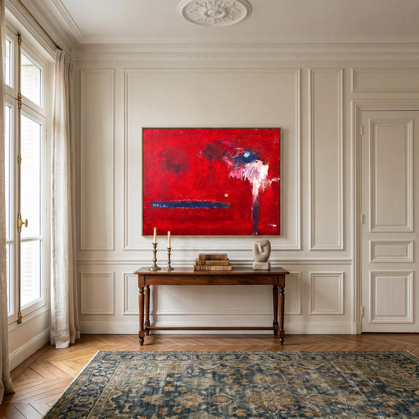 Bold Red Modern Abstract Wall Art — Vibrant Original Oil Painting, Textured Canvas — "Of the passion (Horizontal Ver.)"