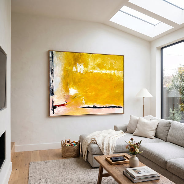 Large Yellow Modern Abstract Wall Art — Original Oil Painting, Textured Canvas — "Reminiscent (Horizontal Ver.)"