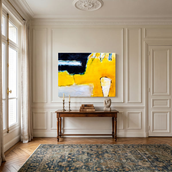 Abstract Wall Art — Large Yellow Black Modern Original Oil Painting, Textured Canvas — "Neo (Horizontal Ver.)"