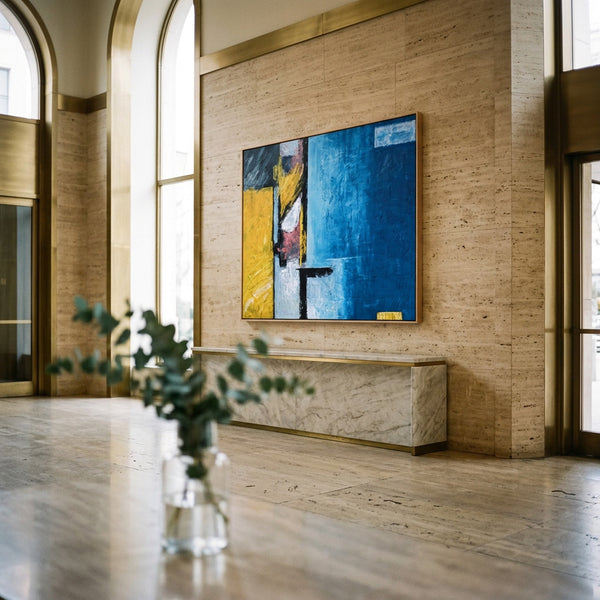 Abstract Wall Art — Large Blue Modern Original Oil Painting, Textured Canvas — "Construction (Horizontal Ver.)"