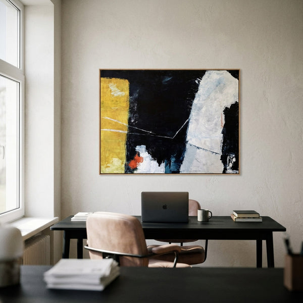 Moody Black Yellow Abstract Wall Art — Large Original Oil Painting, Textured Canvas — "Connection (Horizontal Ver.)"