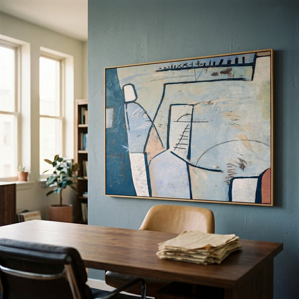 Cool Blue Modern Abstract Wall Art — Large Original Oil Painting, Textured Canvas — "Guess (Horizontal Ver.)"