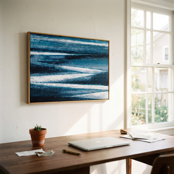 Moody Teal Abstract Wall Art — Large Original Oil Painting, Textured Canvas — "Channel (Horizontal Ver.)"