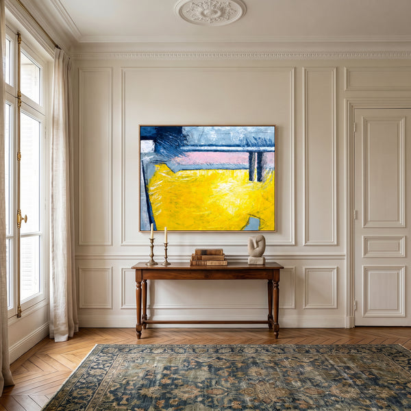 Large Yellow Modern Abstract Wall Art — Original Oil Painting, Textured Canvas — "Reinforce (Horizontal Ver.)"