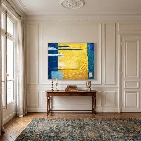 Large Yellow Teal Abstract Wall Art — Modern Original Oil Painting, Textured Canvas — "Summer time (Horizontal Ver.)"