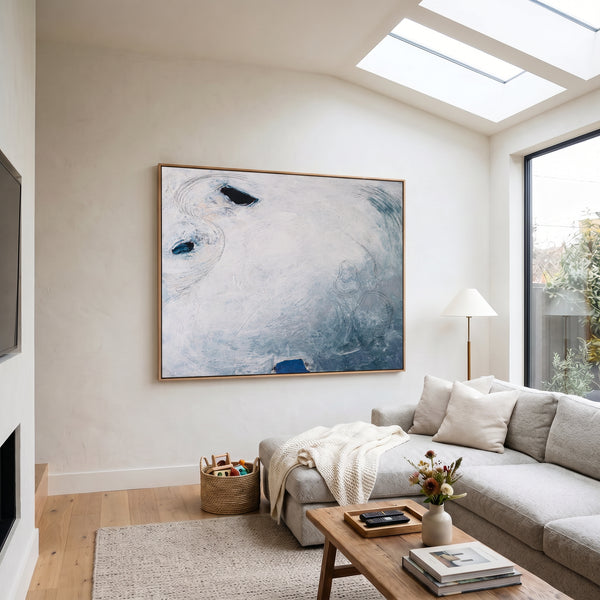 Serene Blue Minimalist Abstract Wall Art — Original Oil Painting, Textured Canvas Statement — "A little piece of moon (Horizontal Ver.)"