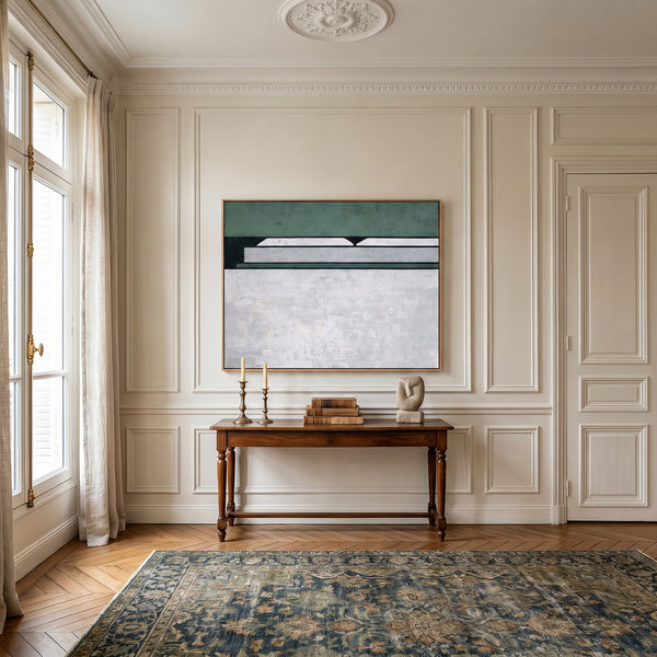 Large Moody Blue Abstract Wall Art — Original Oil Painting, Textured Canvas — "Room I (Horizontal Ver.)"
