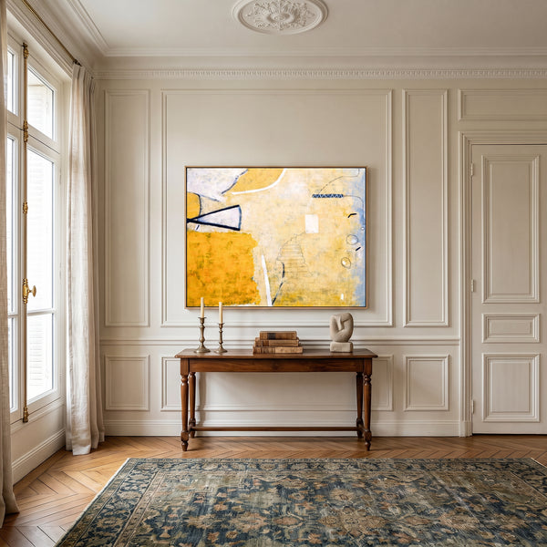 Large Yellow Minimalist Abstract Wall Art — Original Oil Painting, Textured Canvas — "Monday dream (Horizontal Ver.)"