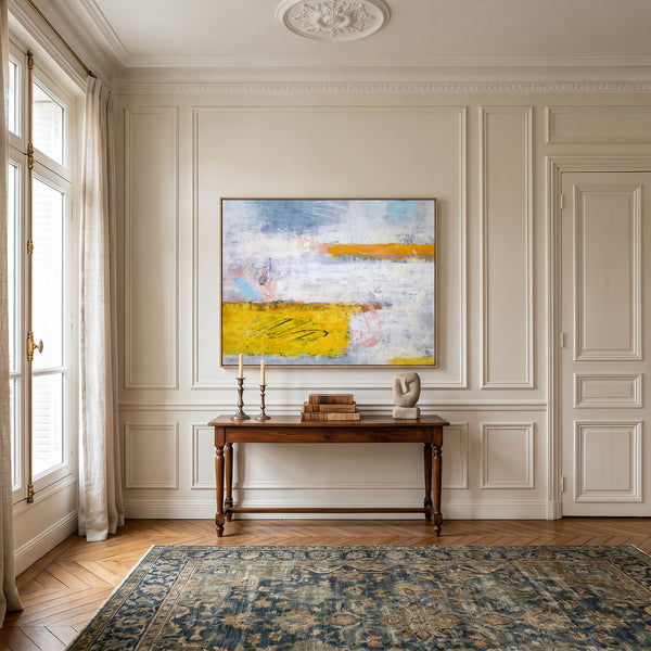 Vibrant Yellow Modern Abstract Wall Art — Original Oil Painting, Textured Canvas — "Yellow echo (Horizontal Ver.)"